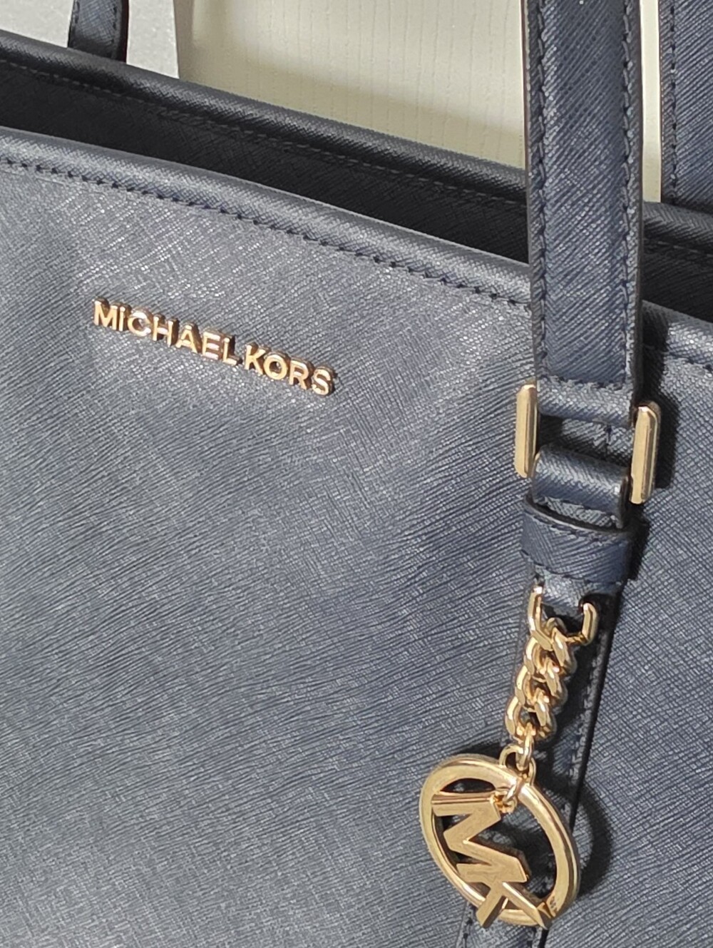 Michael Kors Navy Saffiano Leather Zip-Top Tote with Gold Charm - Picture 3 of 8